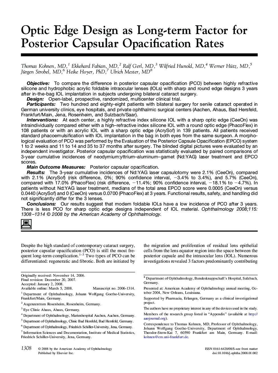 Optic Edge Design as Long-term Factor for Posterior Capsular Opacification Rates