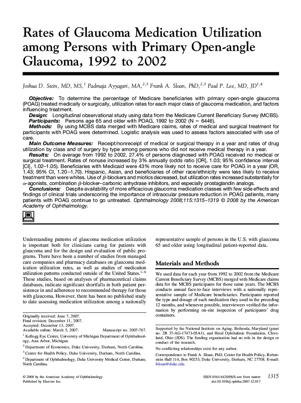 Rates of Glaucoma Medication Utilization among Persons with Primary Open-angle Glaucoma, 1992 to 2002