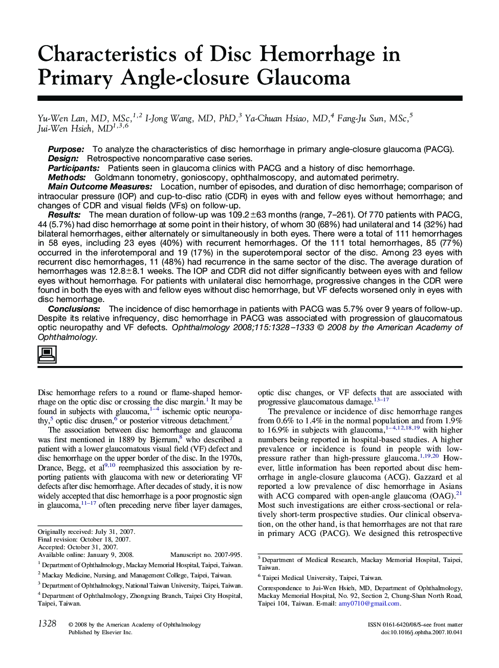 Characteristics of Disc Hemorrhage in Primary Angle-closure Glaucoma