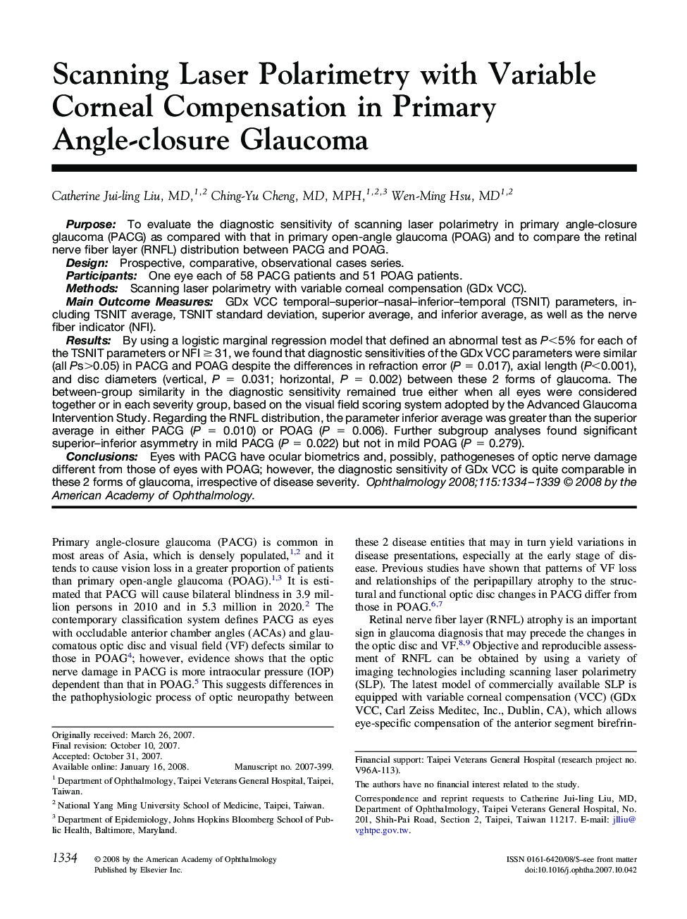 Scanning Laser Polarimetry with Variable Corneal Compensation in Primary Angle-closure Glaucoma