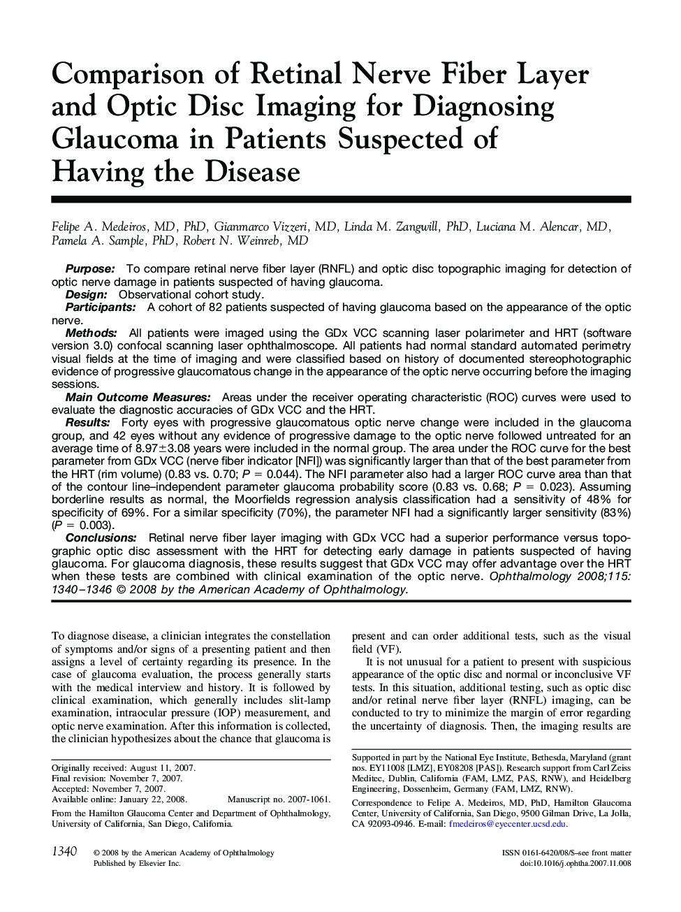 Comparison of Retinal Nerve Fiber Layer and Optic Disc Imaging for Diagnosing Glaucoma in Patients Suspected of Having the Disease 