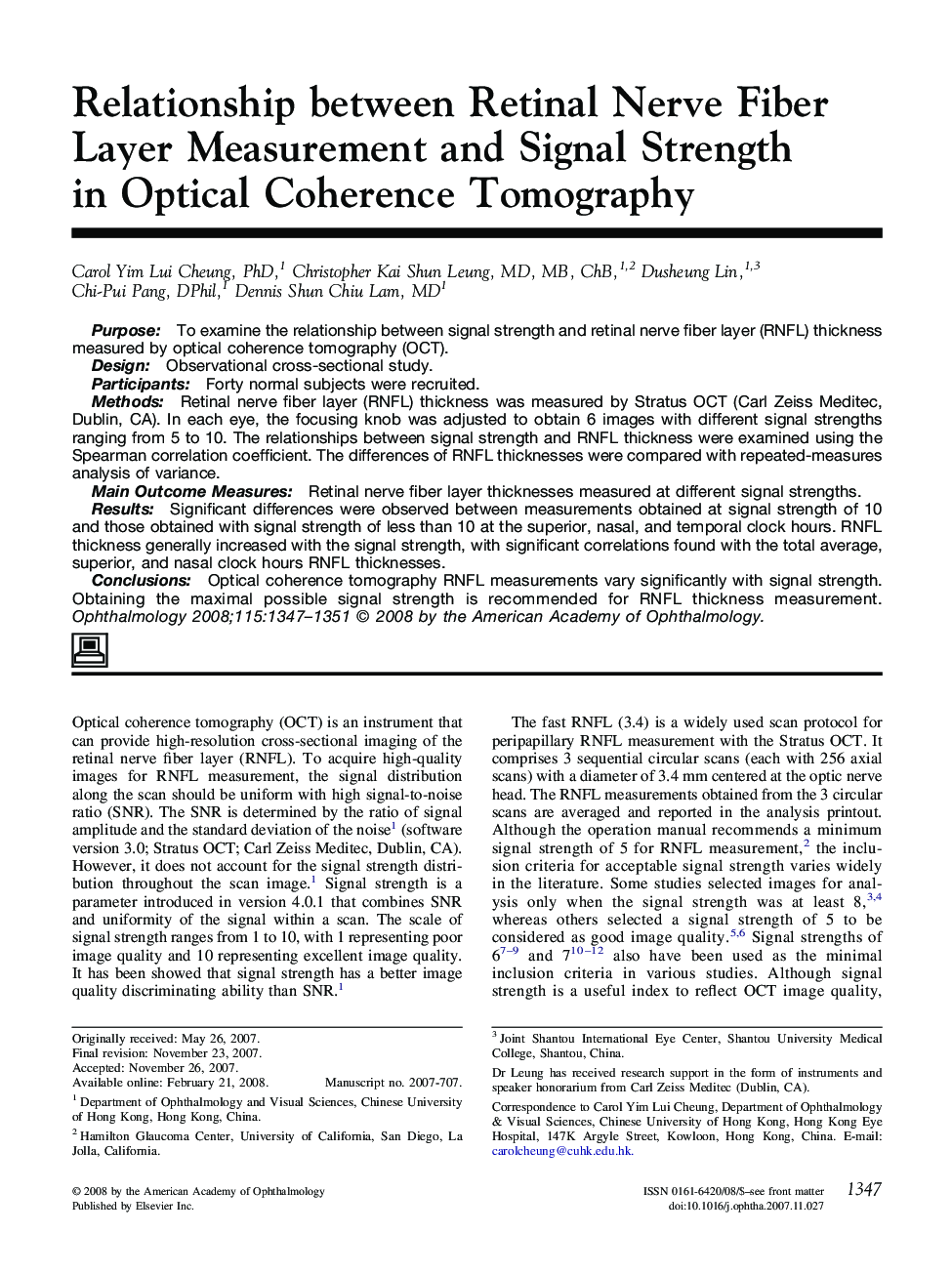 Relationship between Retinal Nerve Fiber Layer Measurement and Signal Strength in Optical Coherence Tomography