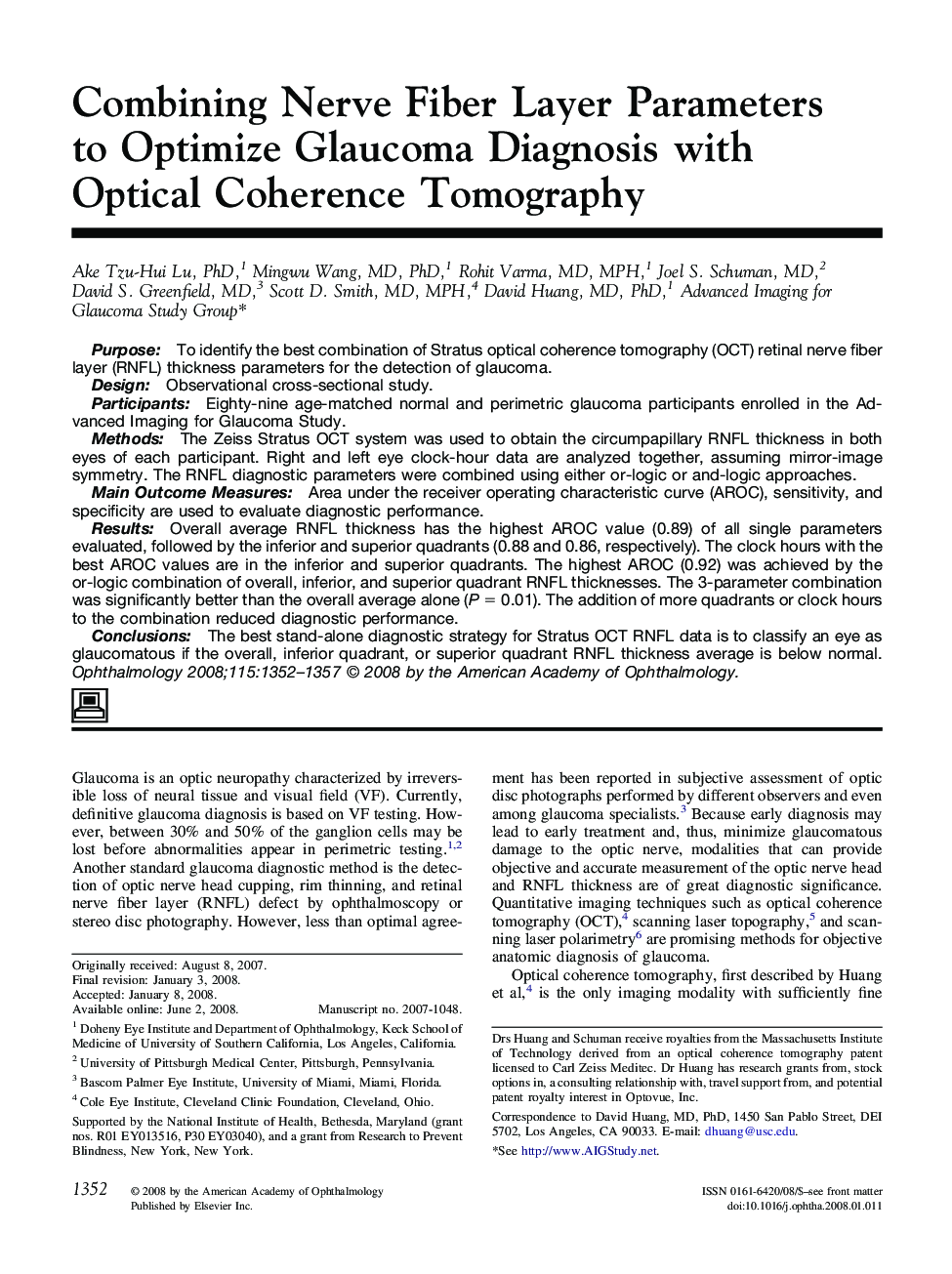 Combining Nerve Fiber Layer Parameters to Optimize Glaucoma Diagnosis with Optical Coherence Tomography