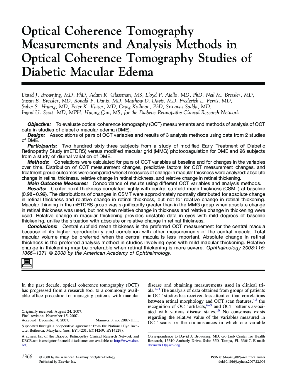 Optical Coherence Tomography Measurements and Analysis Methods in Optical Coherence Tomography Studies of Diabetic Macular Edema