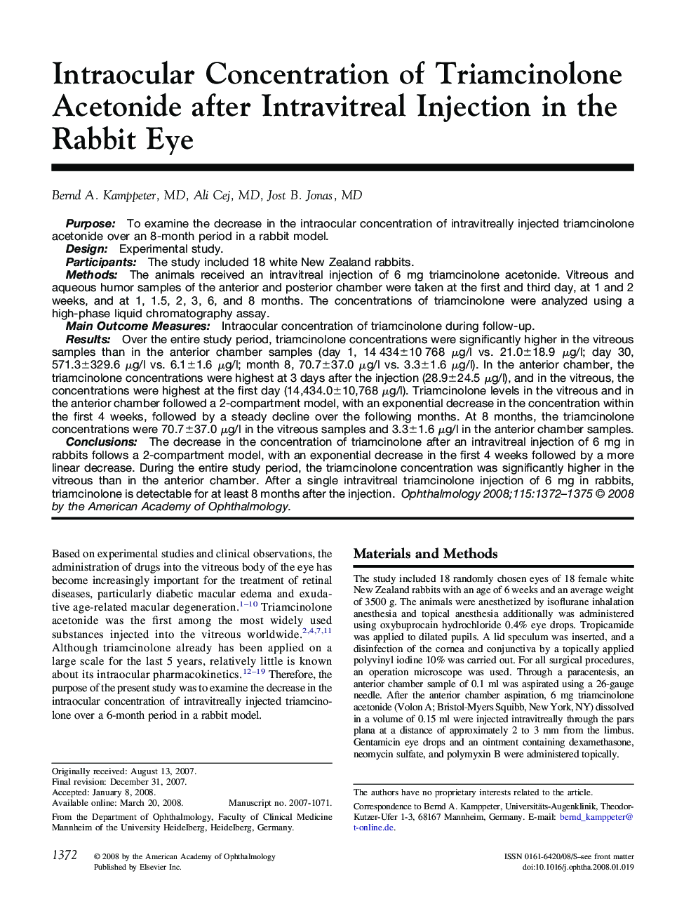 عکس صفحه اول مقاله: Intraocular Concentration of Triamcinolone Acetonide after Intravitreal Injection in the Rabbit Eye Intraocular Concentration of Triamcinolone Acetonide after Intravitreal Injection in the Rabbit Eye