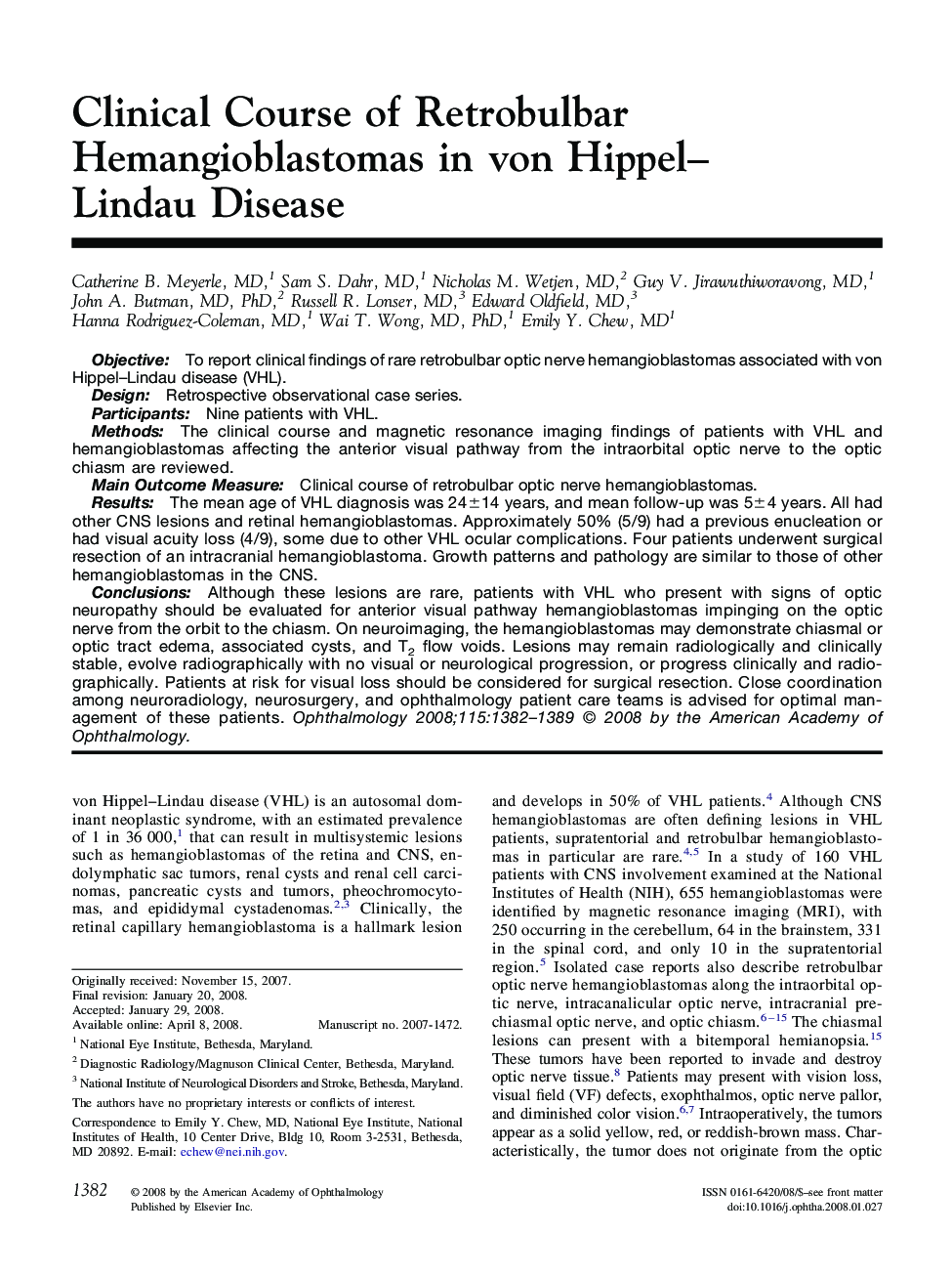 Clinical Course of Retrobulbar Hemangioblastomas in von Hippel–Lindau Disease 