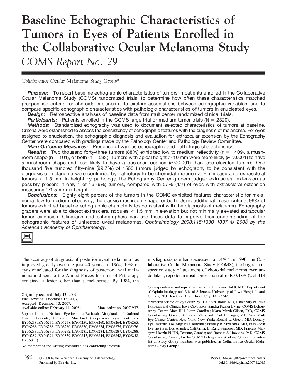 Baseline Echographic Characteristics of Tumors in Eyes of Patients Enrolled in the Collaborative Ocular Melanoma Study