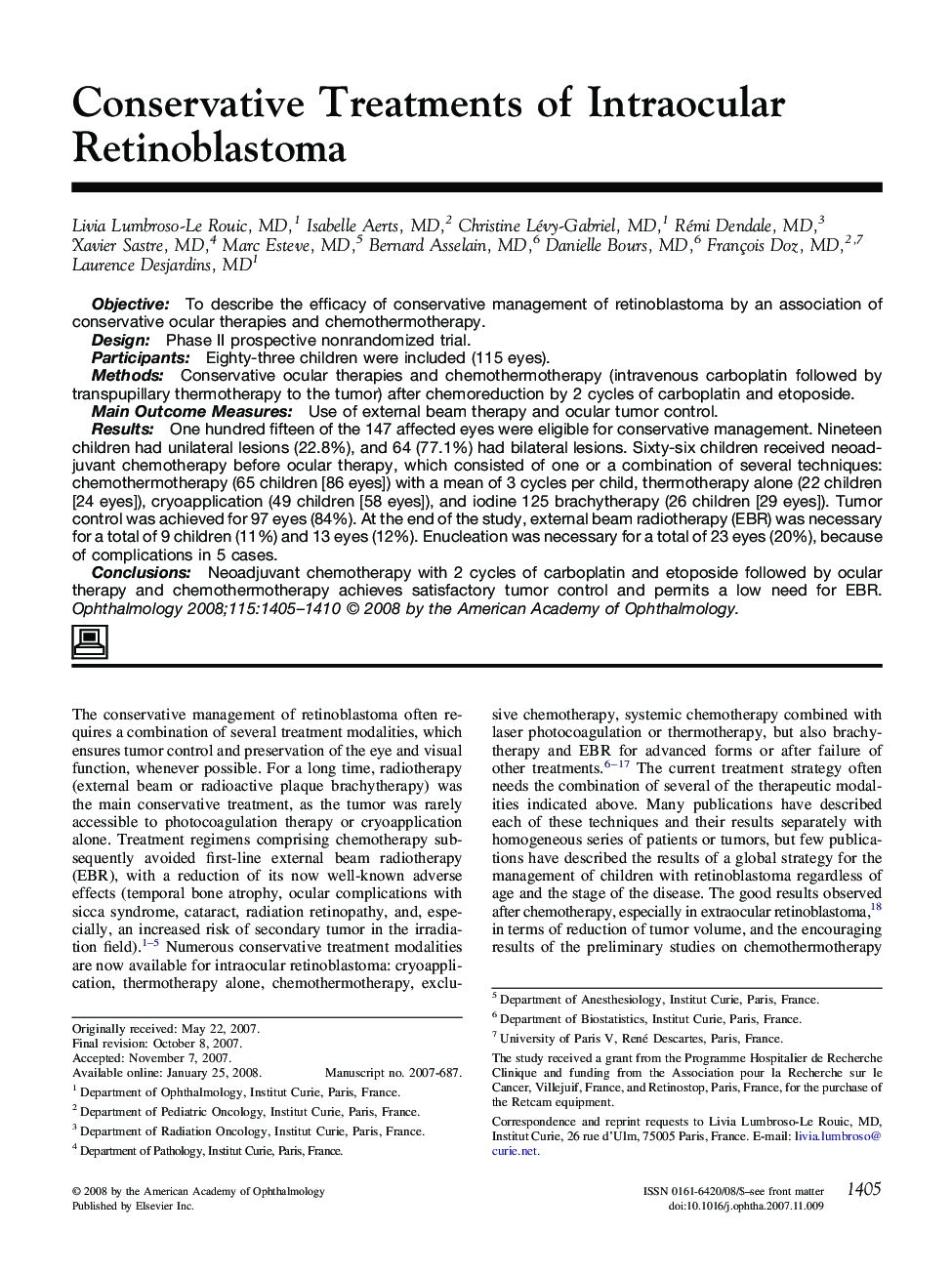 Conservative Treatments of Intraocular Retinoblastoma