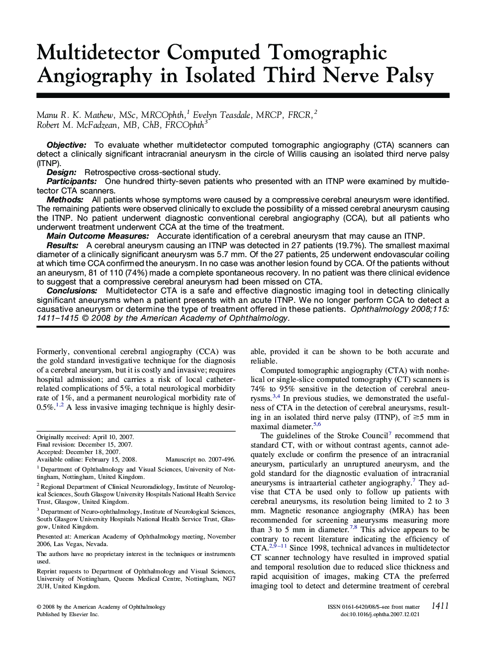 Multidetector Computed Tomographic Angiography in Isolated Third Nerve Palsy