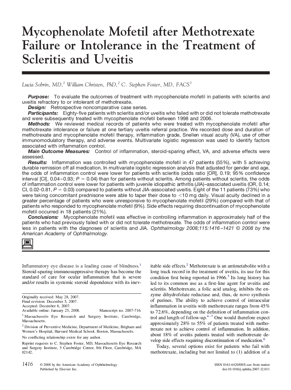 Mycophenolate Mofetil after Methotrexate Failure or Intolerance in the Treatment of Scleritis and Uveitis