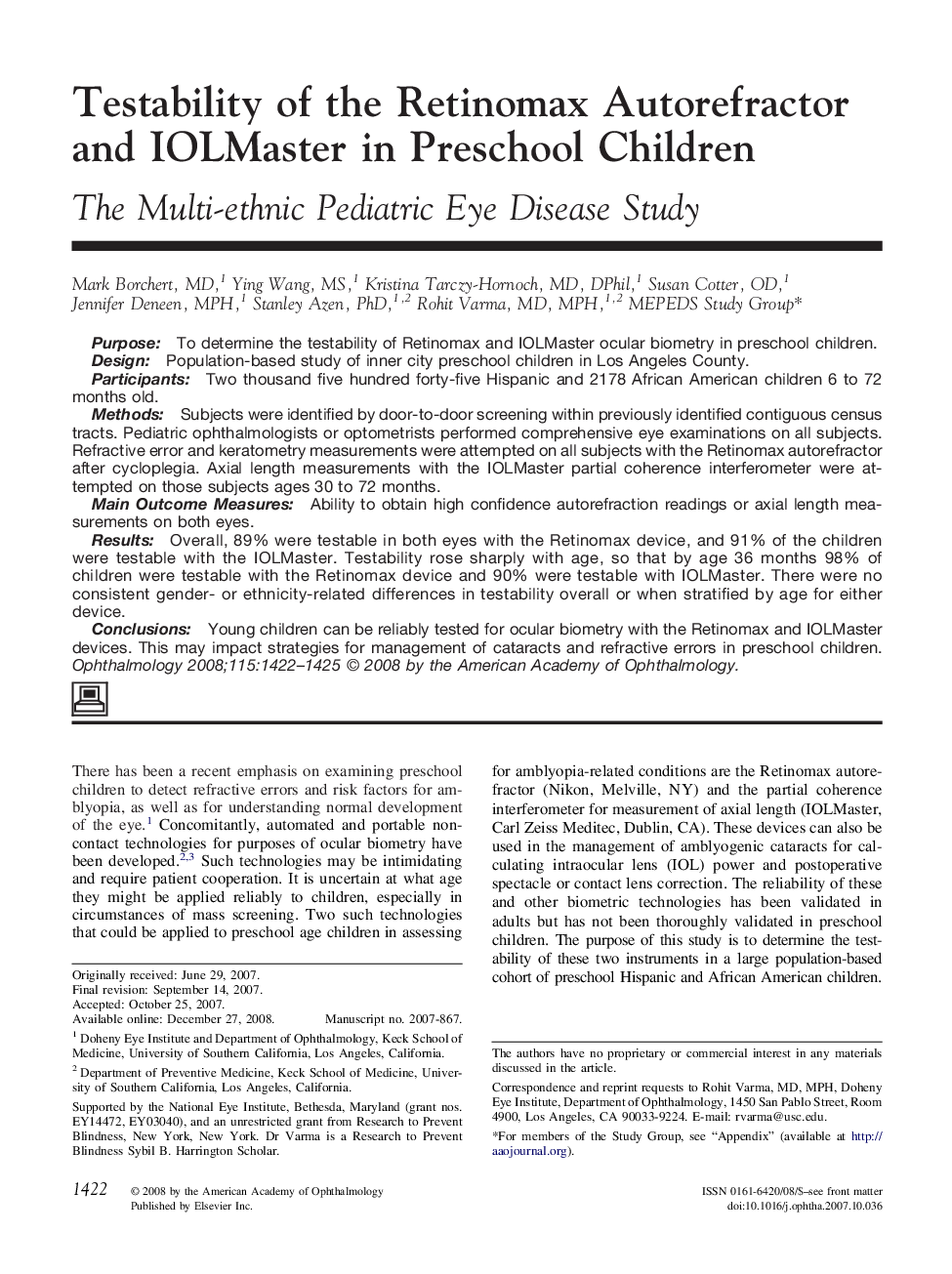 Testability of the Retinomax Autorefractor and IOLMaster in Preschool Children