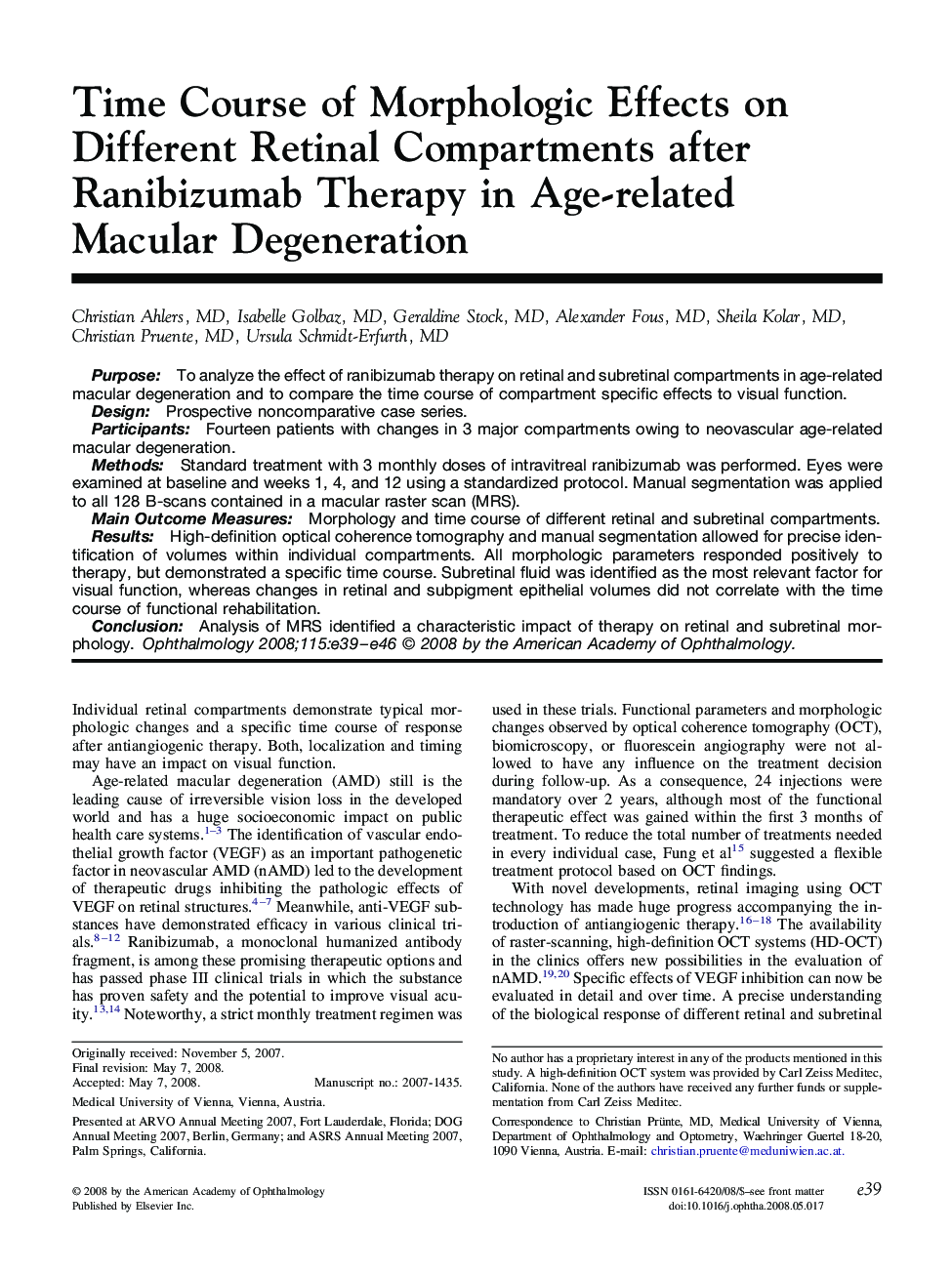 Time Course of Morphologic Effects on Different Retinal Compartments after Ranibizumab Therapy in Age-related Macular Degeneration