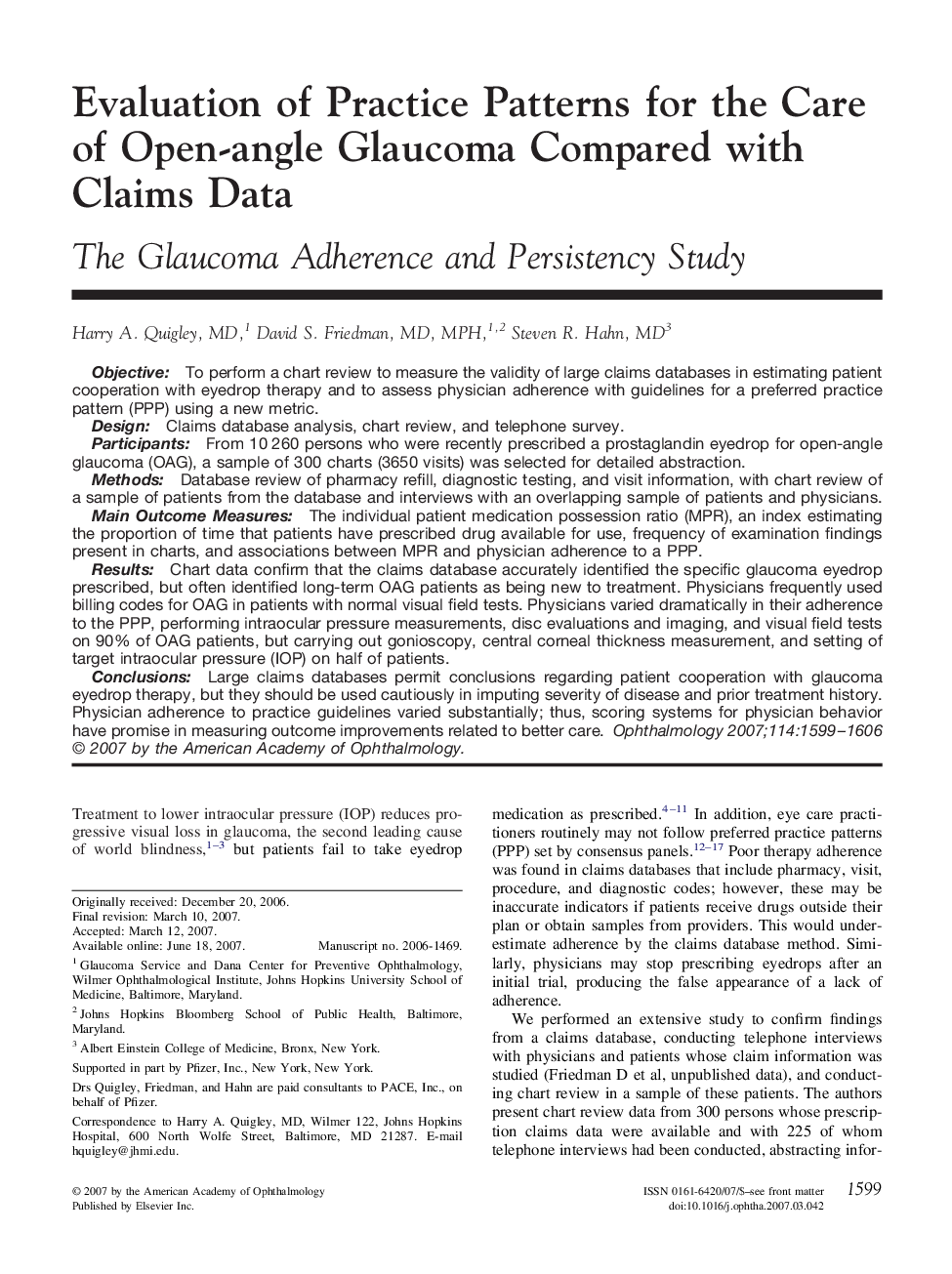 Evaluation of Practice Patterns for the Care of Open-angle Glaucoma Compared with Claims Data : The Glaucoma Adherence and Persistency Study