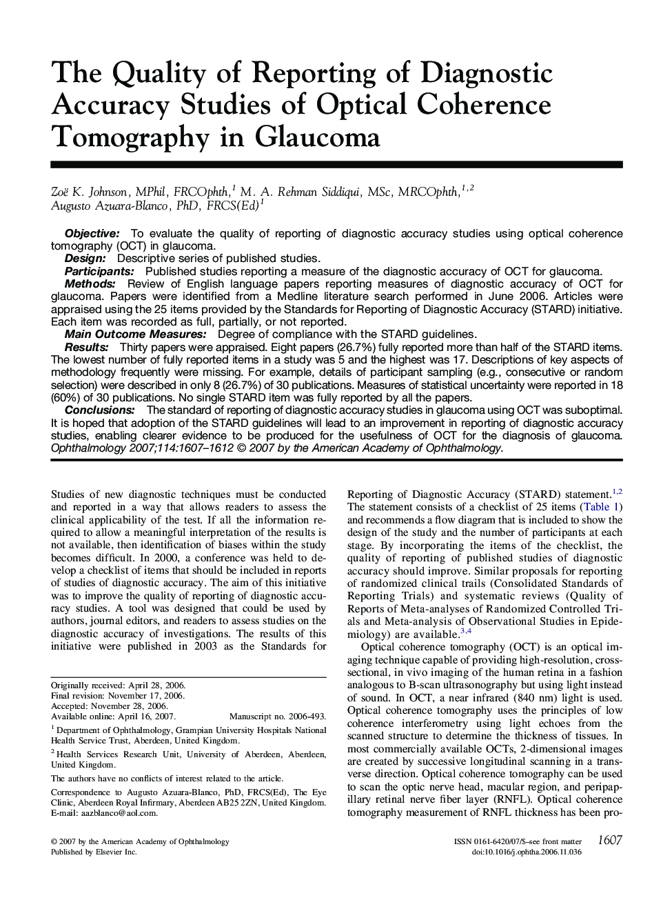 The Quality of Reporting of Diagnostic Accuracy Studies of Optical Coherence Tomography in Glaucoma