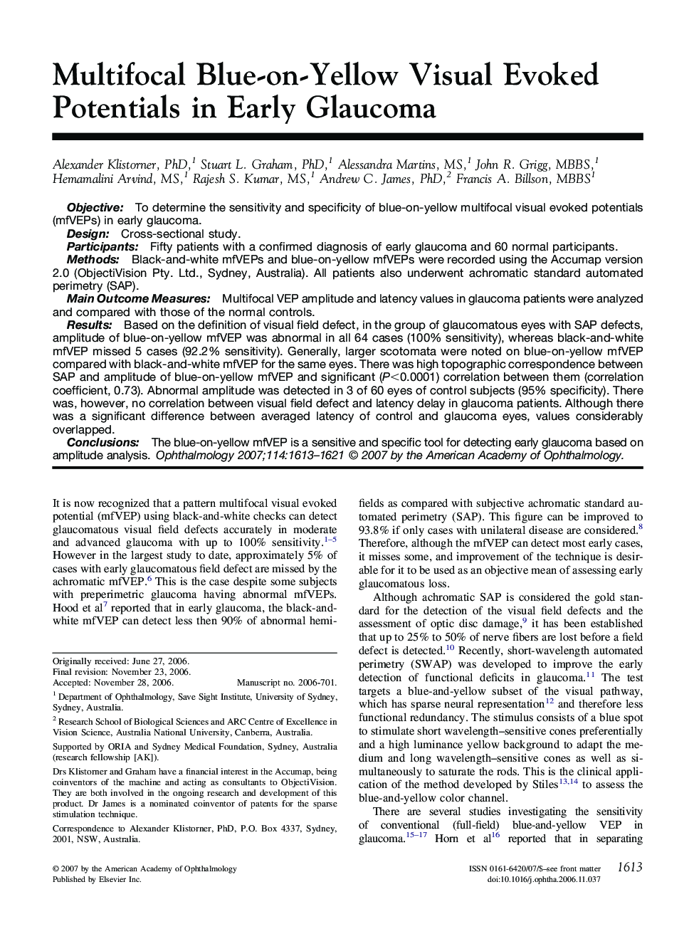 Multifocal Blue-on-Yellow Visual Evoked Potentials in Early Glaucoma
