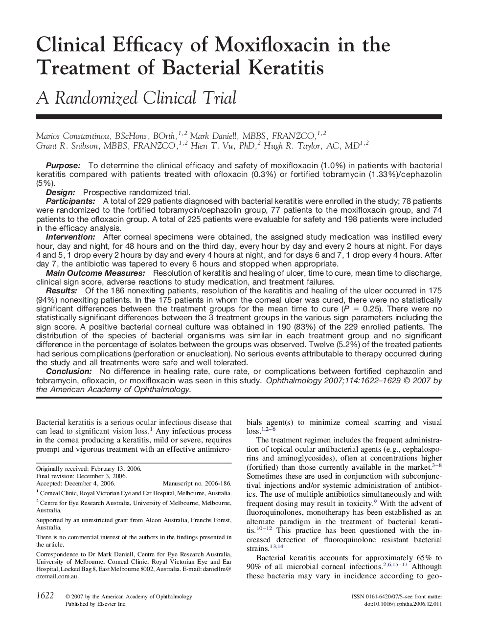 Clinical Efficacy of Moxifloxacin in the Treatment of Bacterial Keratitis : A Randomized Clinical Trial