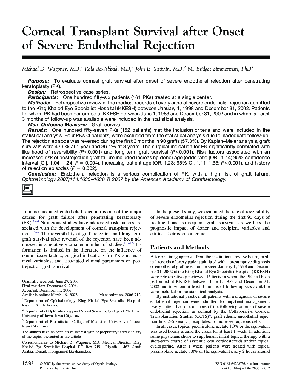 Corneal Transplant Survival after Onset of Severe Endothelial Rejection