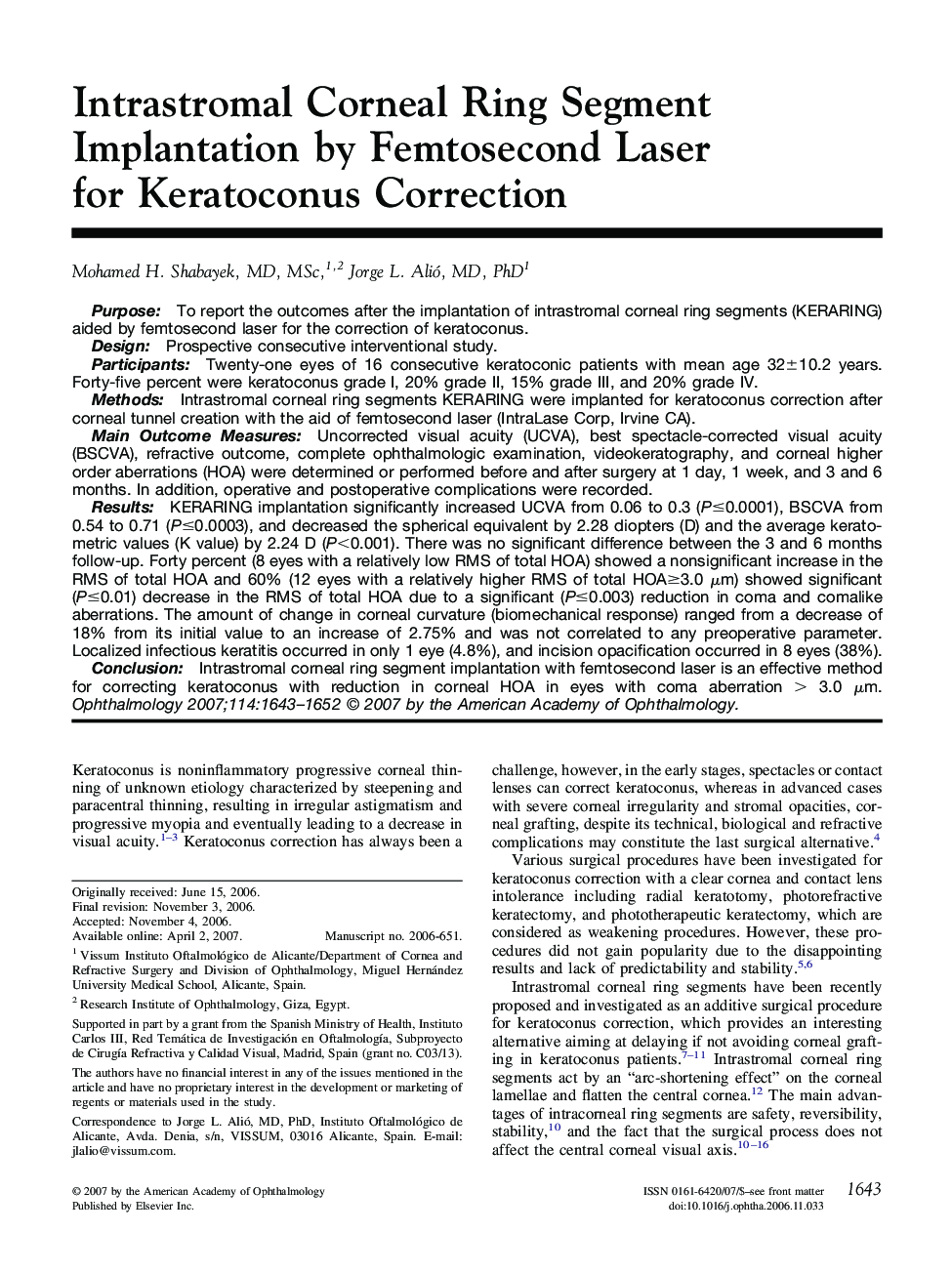 Intrastromal Corneal Ring Segment Implantation by Femtosecond Laser for Keratoconus Correction
