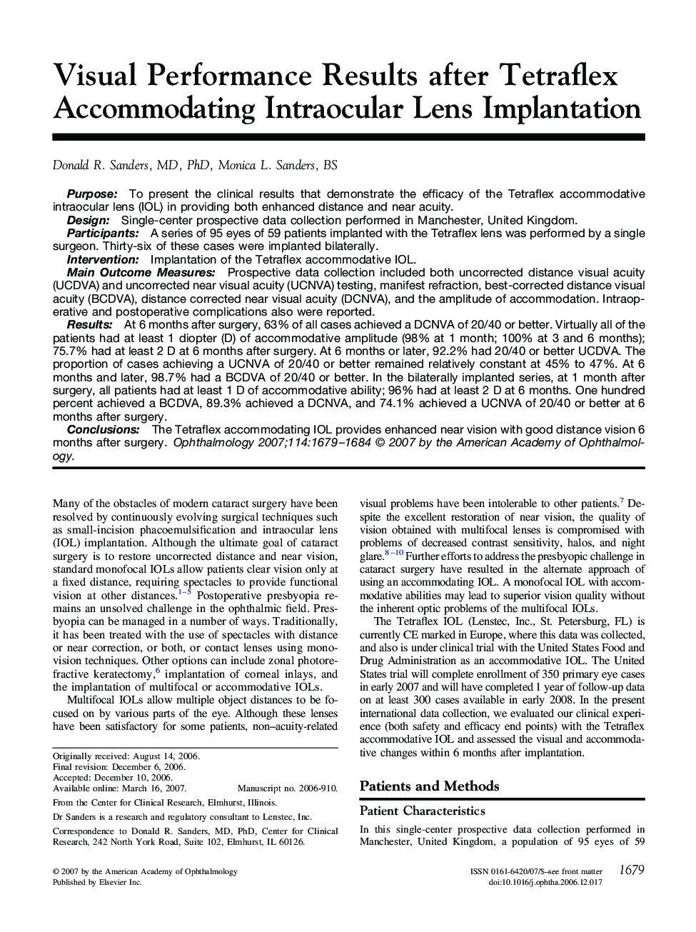 Visual Performance Results after Tetraflex Accommodating Intraocular Lens Implantation 