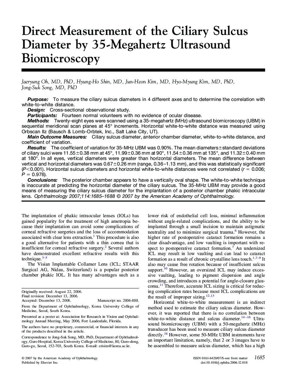 Direct Measurement of the Ciliary Sulcus Diameter by 35-Megahertz Ultrasound Biomicroscopy 