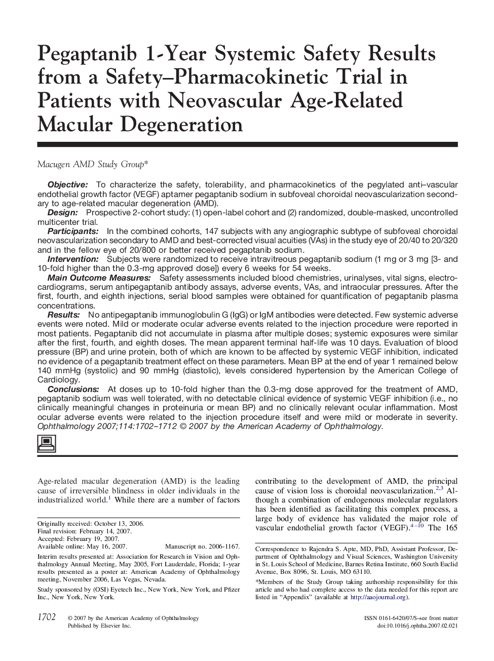Pegaptanib 1-Year Systemic Safety Results from a Safety-Pharmacokinetic Trial in Patients with Neovascular Age-Related Macular Degeneration
