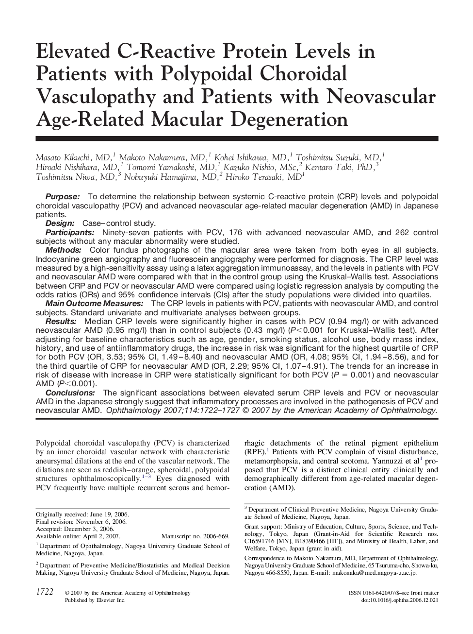 Elevated C-Reactive Protein Levels in Patients with Polypoidal Choroidal Vasculopathy and Patients with Neovascular Age-Related Macular Degeneration