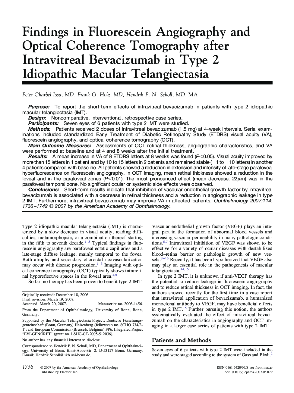 Findings in Fluorescein Angiography and Optical Coherence Tomography after Intravitreal Bevacizumab in Type 2 Idiopathic Macular Telangiectasia