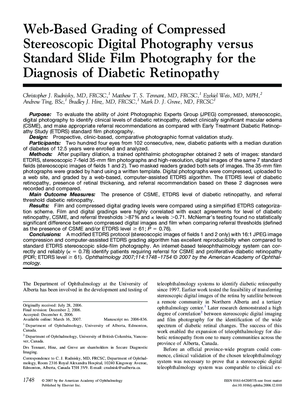 Web-Based Grading of Compressed Stereoscopic Digital Photography versus Standard Slide Film Photography for the Diagnosis of Diabetic Retinopathy 