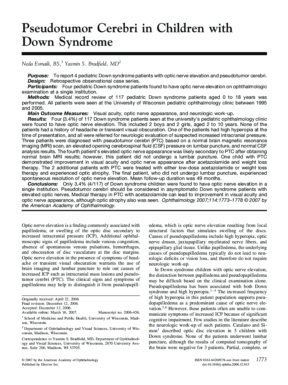 Pseudotumor Cerebri in Children with Down Syndrome 