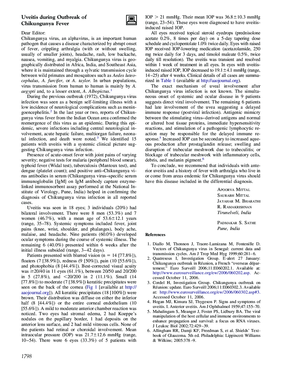 Uveitis during Outbreak of Chikungunya Fever