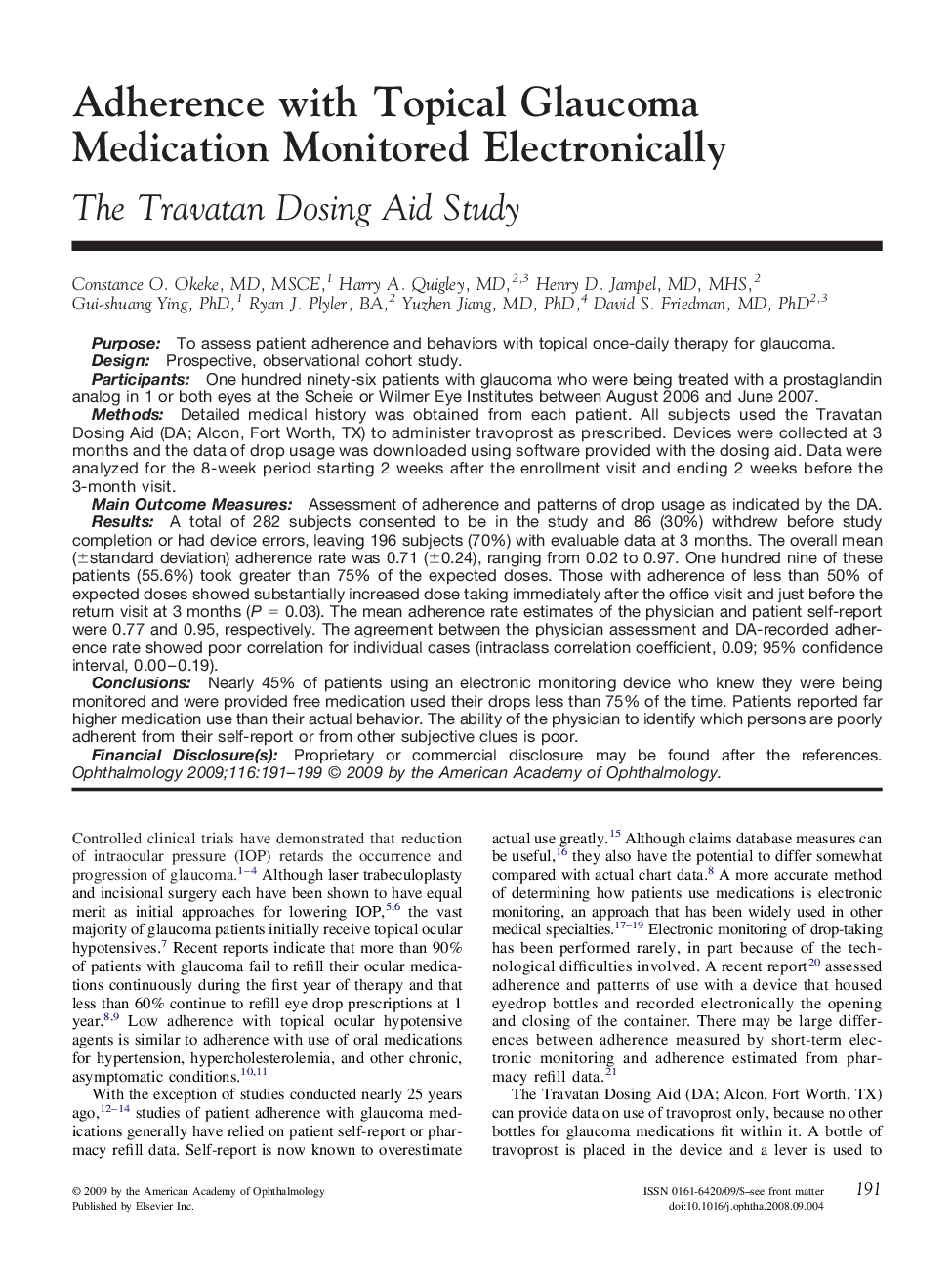Adherence with Topical Glaucoma Medication Monitored Electronically : The Travatan Dosing Aid Study