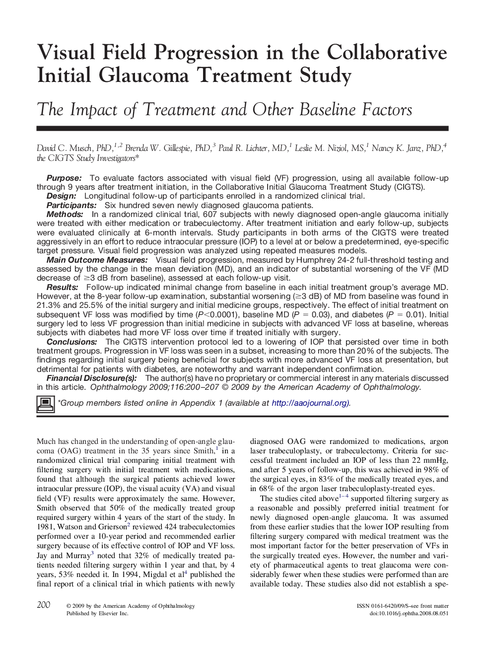 Visual Field Progression in the Collaborative Initial Glaucoma Treatment Study