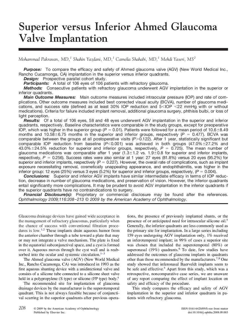 Superior versus Inferior Ahmed Glaucoma Valve Implantation 