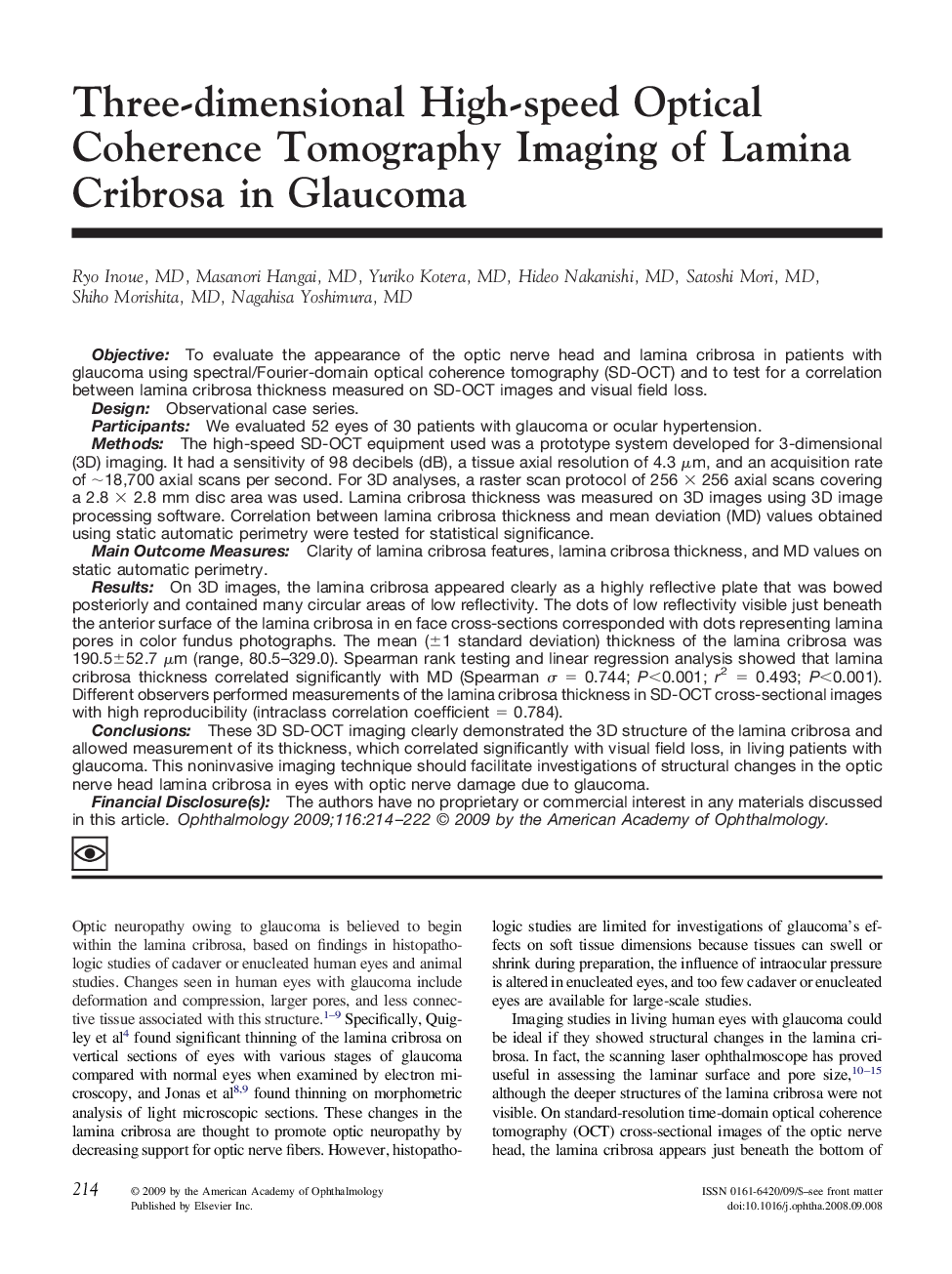 Three-dimensional High-speed Optical Coherence Tomography Imaging of Lamina Cribrosa in Glaucoma