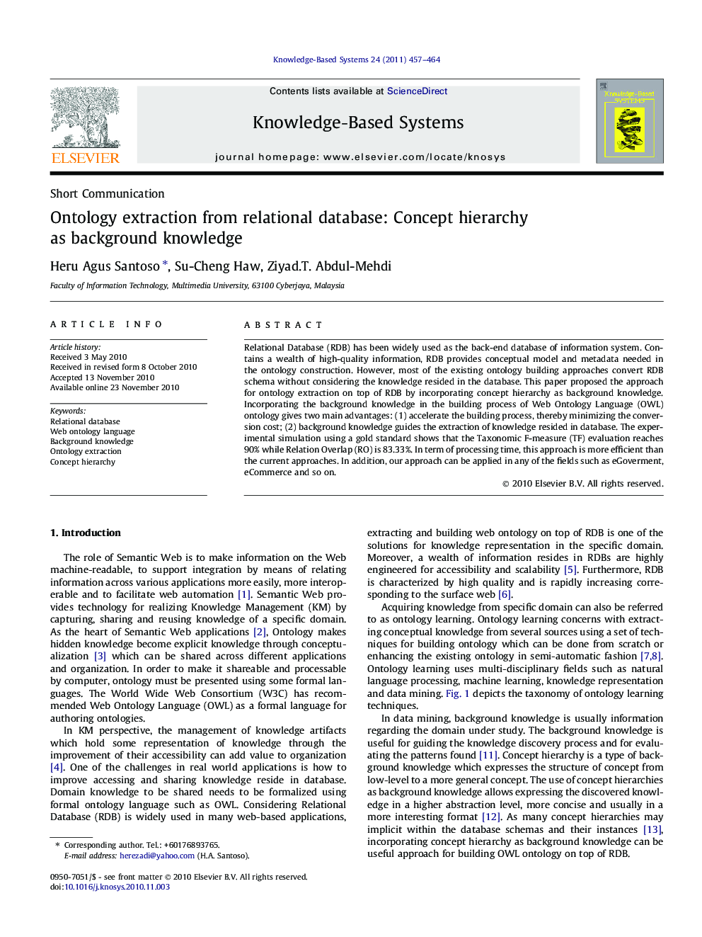 عکس صفحه اول مقاله: Ontology extraction from relational database: Concept hierarchy as background knowledge Ontology extraction from relational database: Concept hierarchy as background knowledge