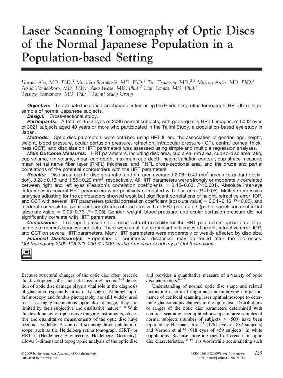 Laser Scanning Tomography of Optic Discs of the Normal Japanese Population in a Population-based Setting