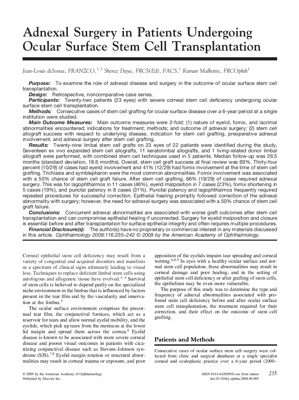 Adnexal Surgery in Patients Undergoing Ocular Surface Stem Cell Transplantation