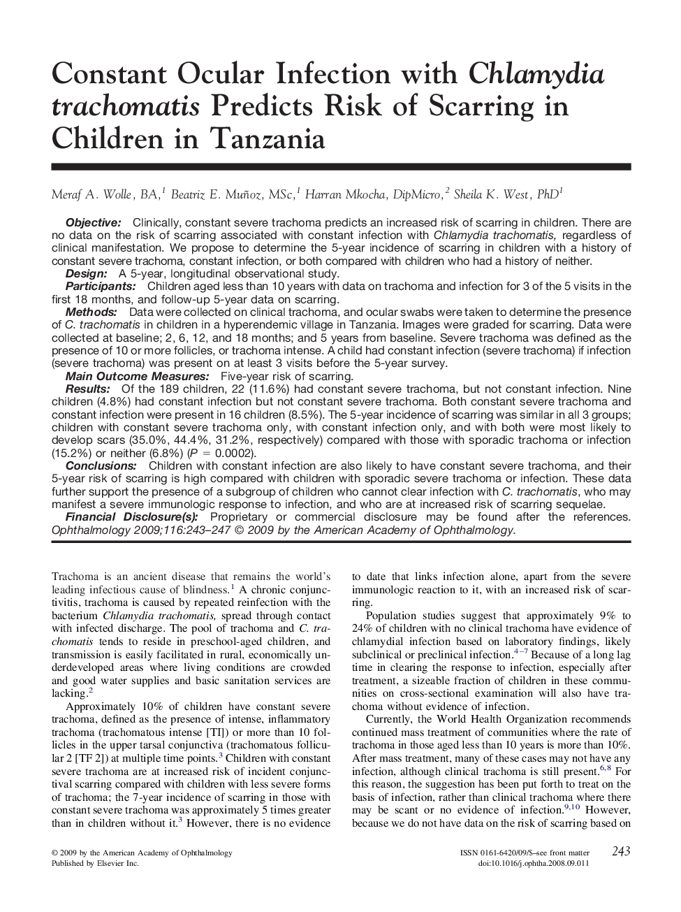 Constant Ocular Infection with Chlamydia trachomatis Predicts Risk of Scarring in Children in Tanzania