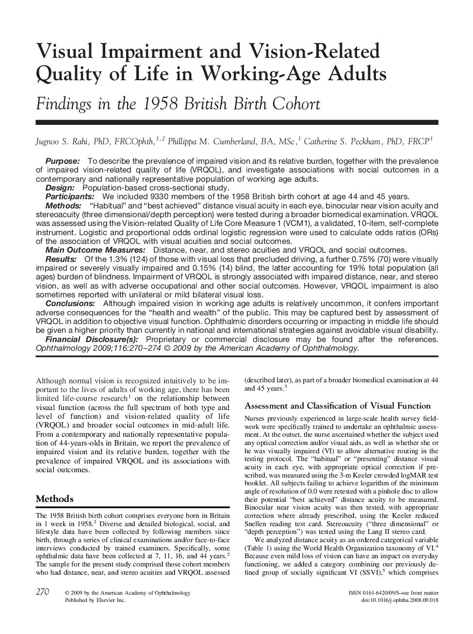 Visual Impairment and Vision-Related Quality of Life in Working-Age Adults : Findings in the 1958 British Birth Cohort