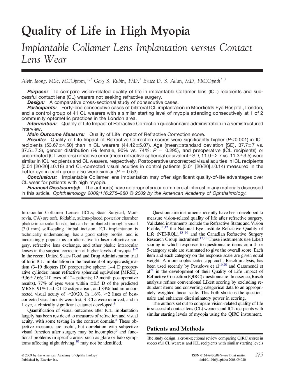 Quality of Life in High Myopia