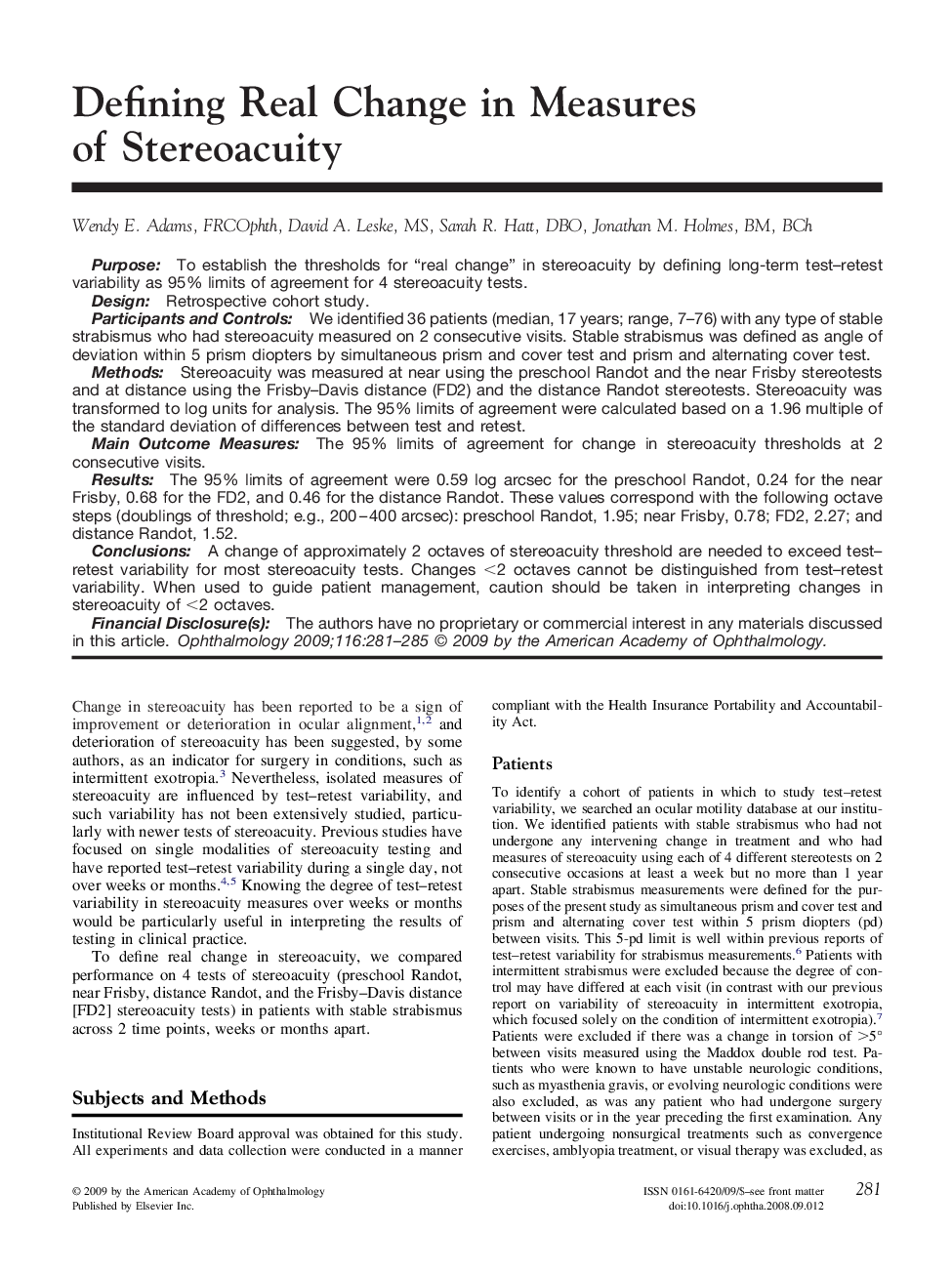 Defining Real Change in Measures of Stereoacuity