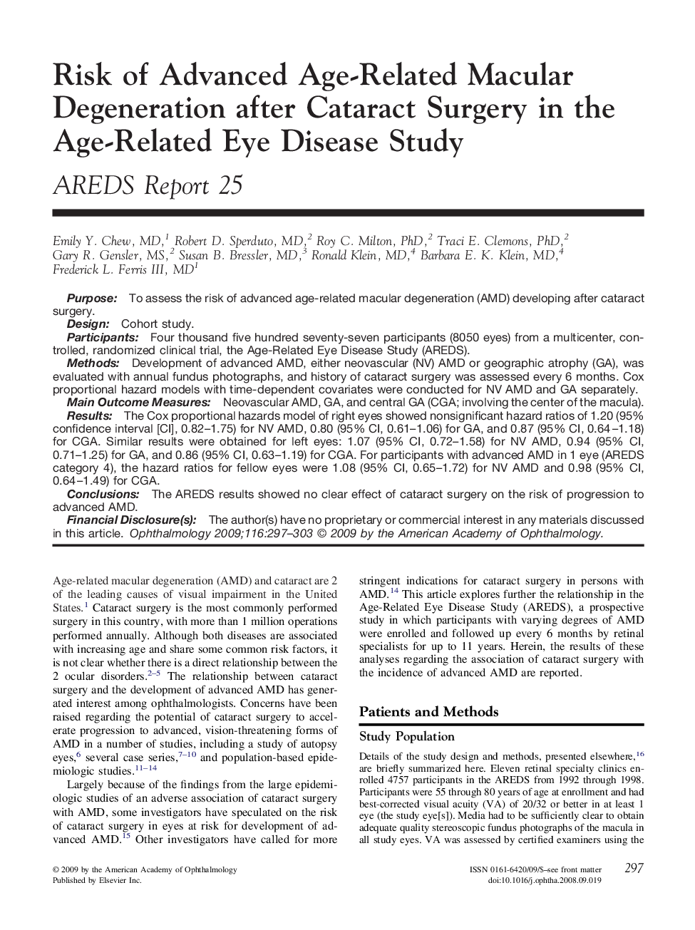 عکس صفحه اول مقاله: Risk of Advanced Age-Related Macular Degeneration after Cataract Surgery in the Age-Related Eye Disease Study : AREDS Report 25 Risk of Advanced Age-Related Macular Degeneration after Cataract Surgery in the Age-Related Eye Disease Study : AREDS Report 25