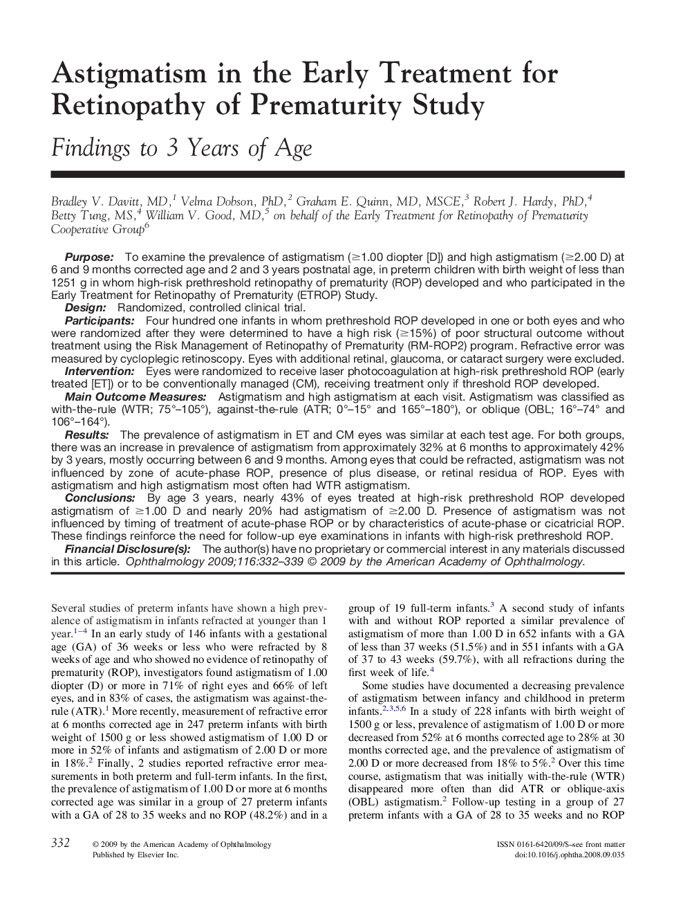 Astigmatism in the Early Treatment for Retinopathy of Prematurity Study
