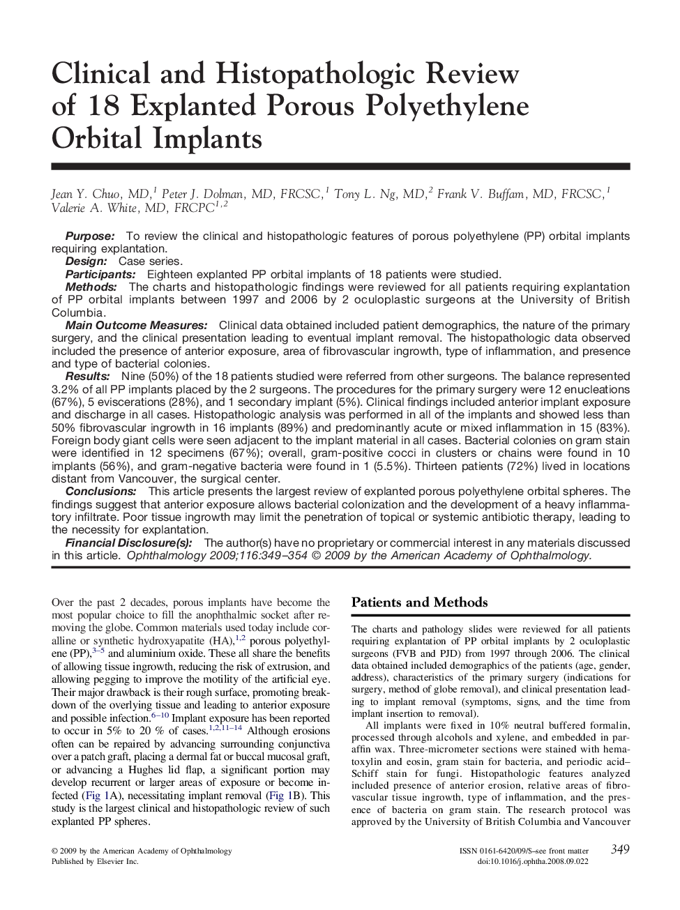 Clinical and Histopathologic Review of 18 Explanted Porous Polyethylene Orbital Implants 