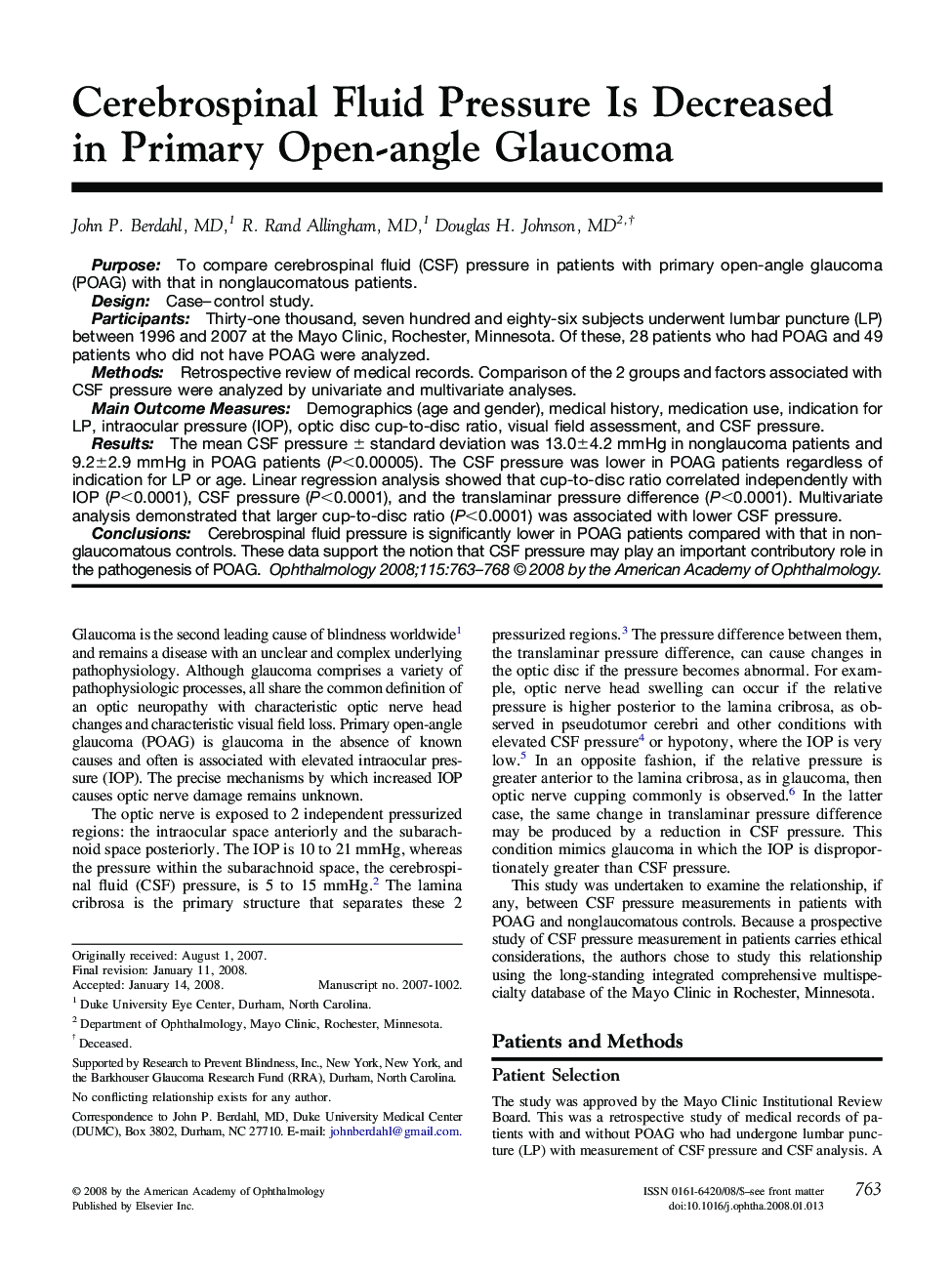 Cerebrospinal Fluid Pressure Is Decreased in Primary Open-angle Glaucoma