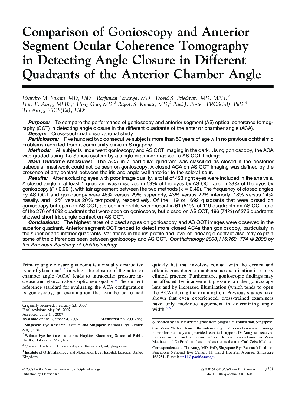 Comparison of Gonioscopy and Anterior Segment Ocular Coherence Tomography in Detecting Angle Closure in Different Quadrants of the Anterior Chamber Angle 