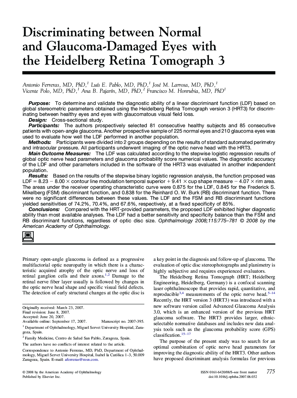 Discriminating between Normal and Glaucoma-Damaged Eyes with the Heidelberg Retina Tomograph 3