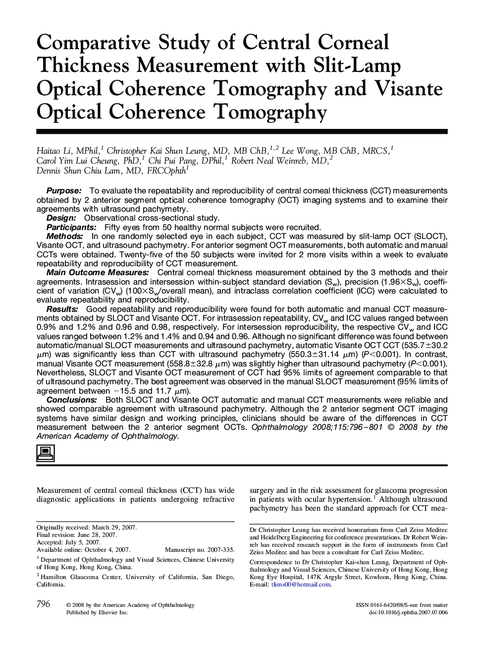 Comparative Study of Central Corneal Thickness Measurement with Slit-Lamp Optical Coherence Tomography and Visante Optical Coherence Tomography