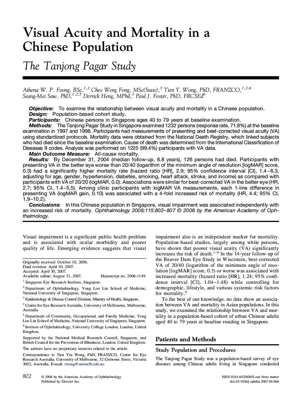 Visual Acuity and Mortality in a Chinese Population
