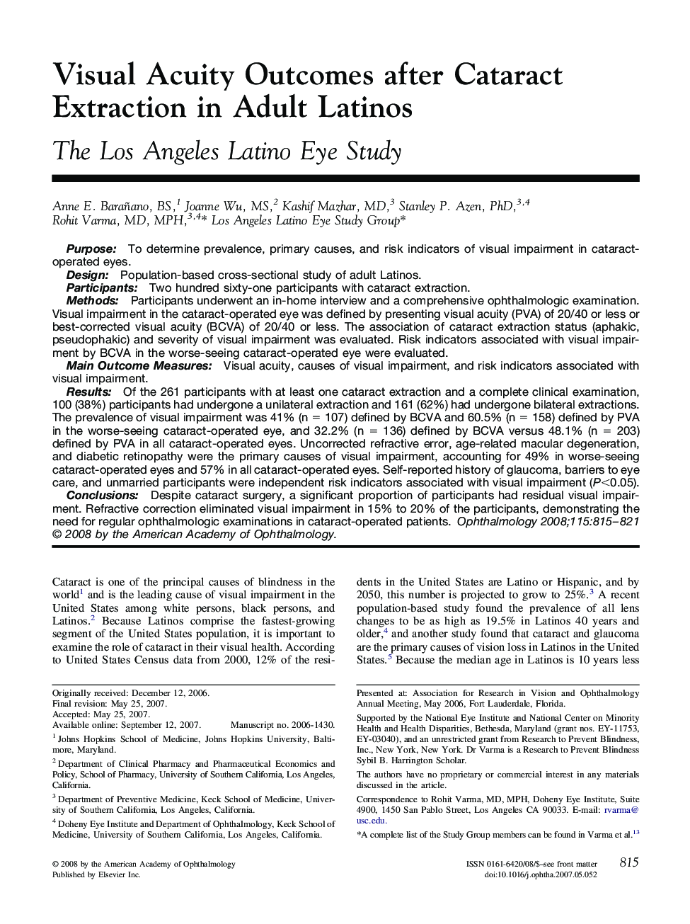 Visual Acuity Outcomes after Cataract Extraction in Adult Latinos : The Los Angeles Latino Eye Study